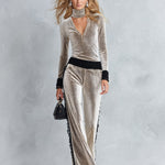 Women's Ivory Polka-Dot Print Velvet Top and Lace-Trimmed Wide-Leg Pants Set