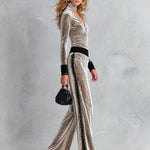 Women's Ivory Polka-Dot Print Velvet Top and Lace-Trimmed Wide-Leg Pants Set