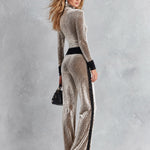 Women's Ivory Polka-Dot Print Velvet Top and Lace-Trimmed Wide-Leg Pants Set