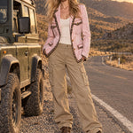 Casual Retro Leopard Print Faded Pink Denim Workwear Blazer