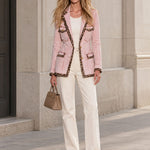 Casual Retro Leopard Print Faded Pink Denim Workwear Blazer