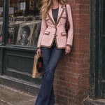 Casual Retro Leopard Print Faded Pink Denim Workwear Blazer