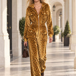 Casual Retro Zip-up Striped Leopard Print Gold Velvet Hooded Jumpsuit