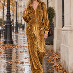 Casual Retro Zip-up Striped Leopard Print Gold Velvet Hooded Jumpsuit