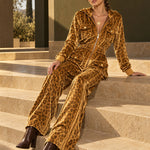 Casual Retro Zip-up Striped Leopard Print Gold Velvet Hooded Jumpsuit