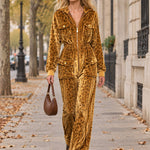 Casual Retro Zip-up Striped Leopard Print Gold Velvet Hooded Jumpsuit
