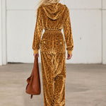 Casual Retro Zip-up Striped Leopard Print Gold Velvet Hooded Jumpsuit