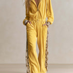 Retro Cozy Snake Print Panel Hooded Zip-Up Fleece Drawstring Wide Leg Jumpsuit
