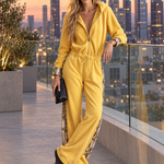 Retro Cozy Snake Print Panel Hooded Zip-Up Fleece Drawstring Wide Leg Jumpsuit
