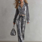 Vintage Glam Velvet Balloon Sleeve Top Snakeskin Wide Leg Two Piece Set