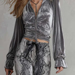 Vintage Glam Velvet Balloon Sleeve Top Snakeskin Wide Leg Two Piece Set