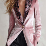 Vintage Glam Snake Print Lapel Pink Crushed Velvet Single Button Tailored Womens Blazer