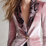 Vintage Glam Snake Print Lapel Pink Crushed Velvet Single Button Tailored Womens Blazer