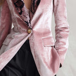 Vintage Glam Snake Print Lapel Pink Crushed Velvet Single Button Tailored Womens Blazer