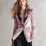 Vintage Glam Snake Print Lapel Pink Crushed Velvet Single Button Tailored Womens Blazer