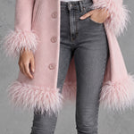 Retro Chic And Elegant Faux Frayed Pink Wool Blend Coat
