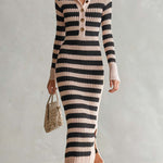 Preppy Striped Polo Collar Half-Button Ribbed Knit Long Sleeve Slit Sweater Midi Dress