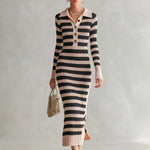 Preppy Striped Polo Collar Half-Button Ribbed Knit Long Sleeve Slit Sweater Midi Dress