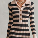 Preppy Striped Polo Collar Half-Button Ribbed Knit Long Sleeve Slit Sweater Midi Dress