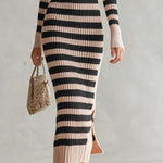 Preppy Striped Polo Collar Half-Button Ribbed Knit Long Sleeve Slit Sweater Midi Dress