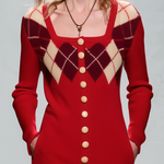 Vintage Elegant Red Plaid Wool Blend Knit Maxi Dress