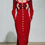 Vintage Elegant Red Plaid Wool Blend Knit Maxi Dress