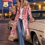 Retro Elegant Pink Leopard Velvet Faux Fur Trim Longline Coat