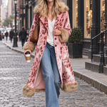 Retro Elegant Pink Leopard Velvet Faux Fur Trim Longline Coat
