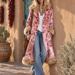 Retro Elegant Pink Leopard Velvet Faux Fur Trim Longline Coat