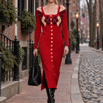 Vintage Elegant Red Plaid Wool Blend Knit Maxi Dress