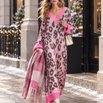 Stylish Loose-Fit Pink Leopard-Print V-Neck Knitted Maxi Dress