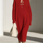 Fashionable Retro Gold Button Half-zip Red Knit Midi Dress