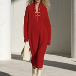 Fashionable Retro Gold Button Half-zip Red Knit Midi Dress
