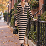 Preppy Striped Polo Collar Half-Button Ribbed Knit Long Sleeve Slit Sweater Midi Dress
