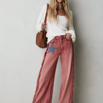 Retro Western Star Patch Fringe Wide Leg Women's Jeans
