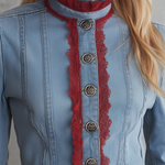 Victorian Western Lace Trim Light Wash Denim Womens Jacket