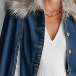 Glam Western Faux Fur Trim Denim Button Womens Cape