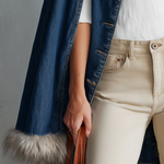 Glam Western Faux Fur Trim Denim Button Womens Cape