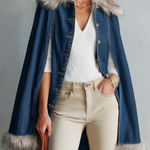 Glam Western Faux Fur Trim Denim Button Womens Cape