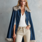 Glam Western Faux Fur Trim Denim Button Womens Cape