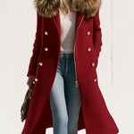 Fashionable Retro Faux Fur Collar Zipper Button Burgundy Long Coat