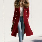 Fashionable Retro Faux Fur Collar Zipper Button Burgundy Long Coat