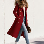 Fashionable Retro Faux Fur Collar Zipper Button Burgundy Long Coat