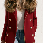 Fashionable Retro Faux Fur Collar Zipper Button Burgundy Long Coat