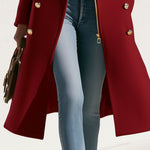Fashionable Retro Faux Fur Collar Zipper Button Burgundy Long Coat