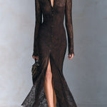Women's Chocolate Brown Sheer Lace Long Sleeve Button-Front Maxi Dress