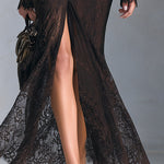 Women's Chocolate Brown Sheer Lace Long Sleeve Button-Front Maxi Dress