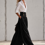Women's Fashion White Long-Sleeved Shirt And Black High-Waisted Wide-Leg Pants Set