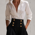 Women's Fashion White Long-Sleeved Shirt And Black High-Waisted Wide-Leg Pants Set