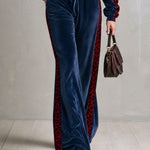 Casual Retro Color-blocked Faux Fur Collar And Leopard Print Trim Blue Velvet Jumpsuit